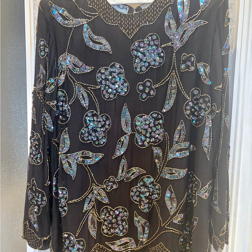 Black Sequin Floral Long Sleeve Top